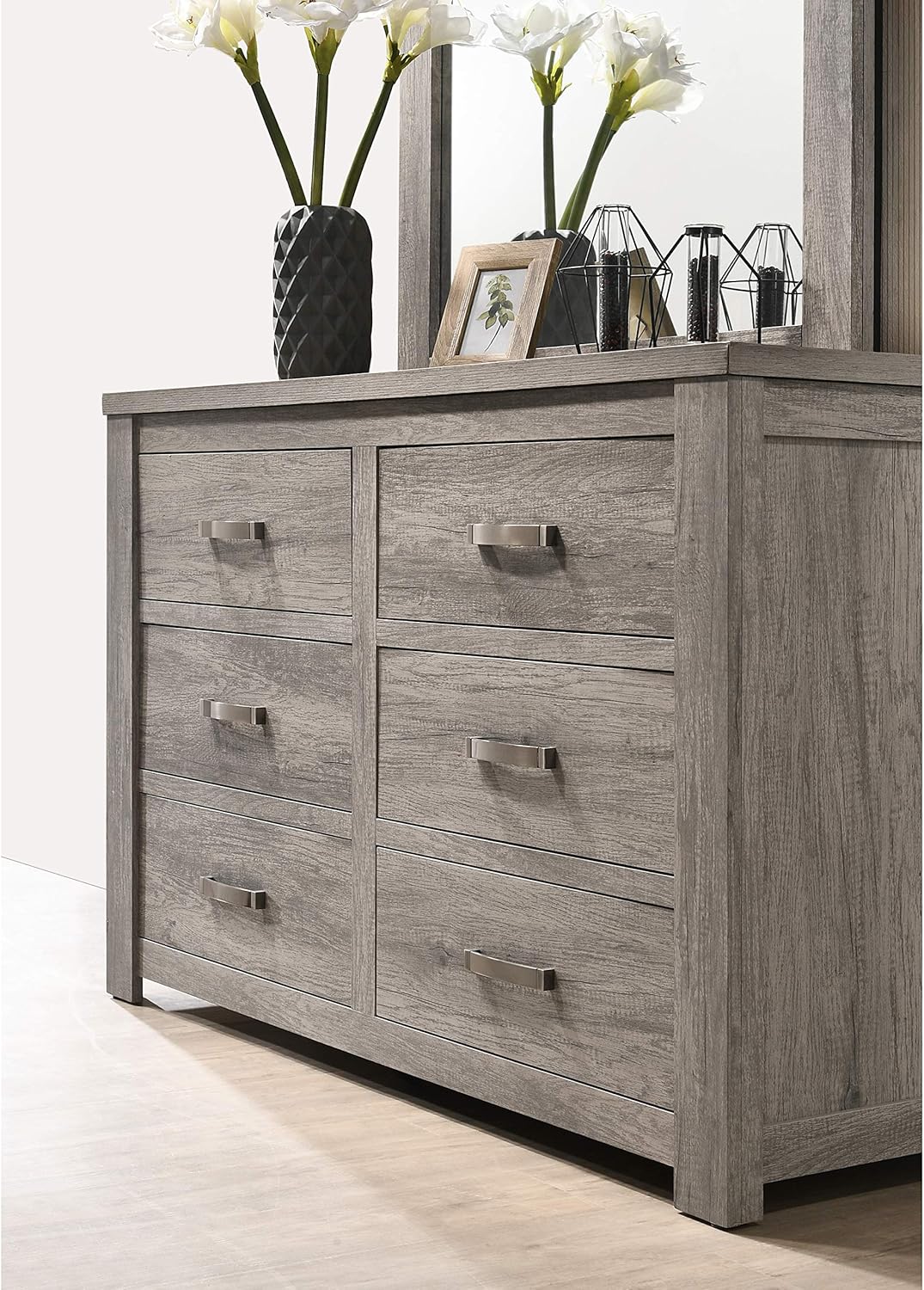 Roundhill Furniture Floren Contemporary Weathered Gray Wood Bedroom Set, Queen Panel Bed, Dresser, Mirror, Nightstand, Chest