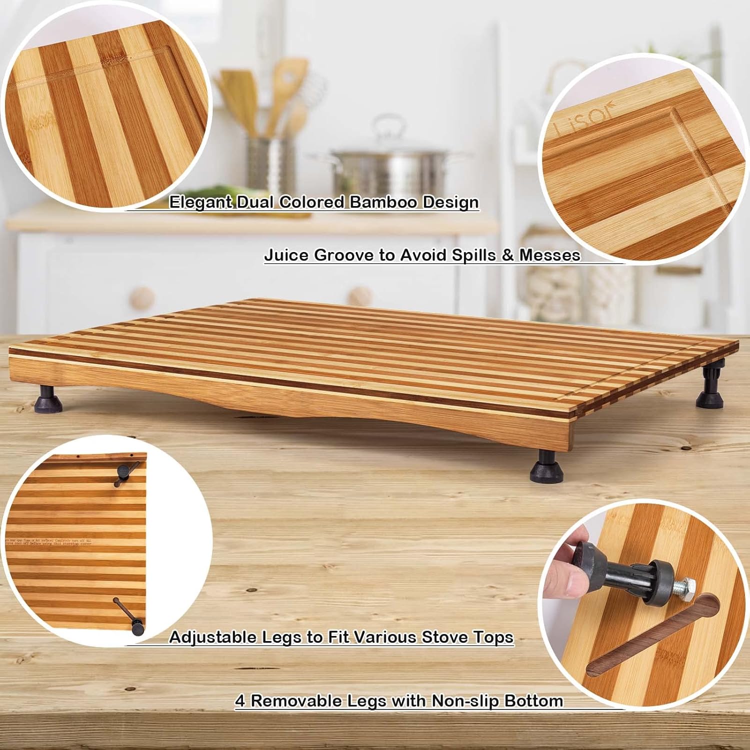 Bamboo Stovetop Cover&Countertop Cutting Board with Adjustable Legs, Dual-purpose Chopping Board for Electric Stove Burner, Workspace Block Cover for RV Camping Camper Gas Cook Top Cover