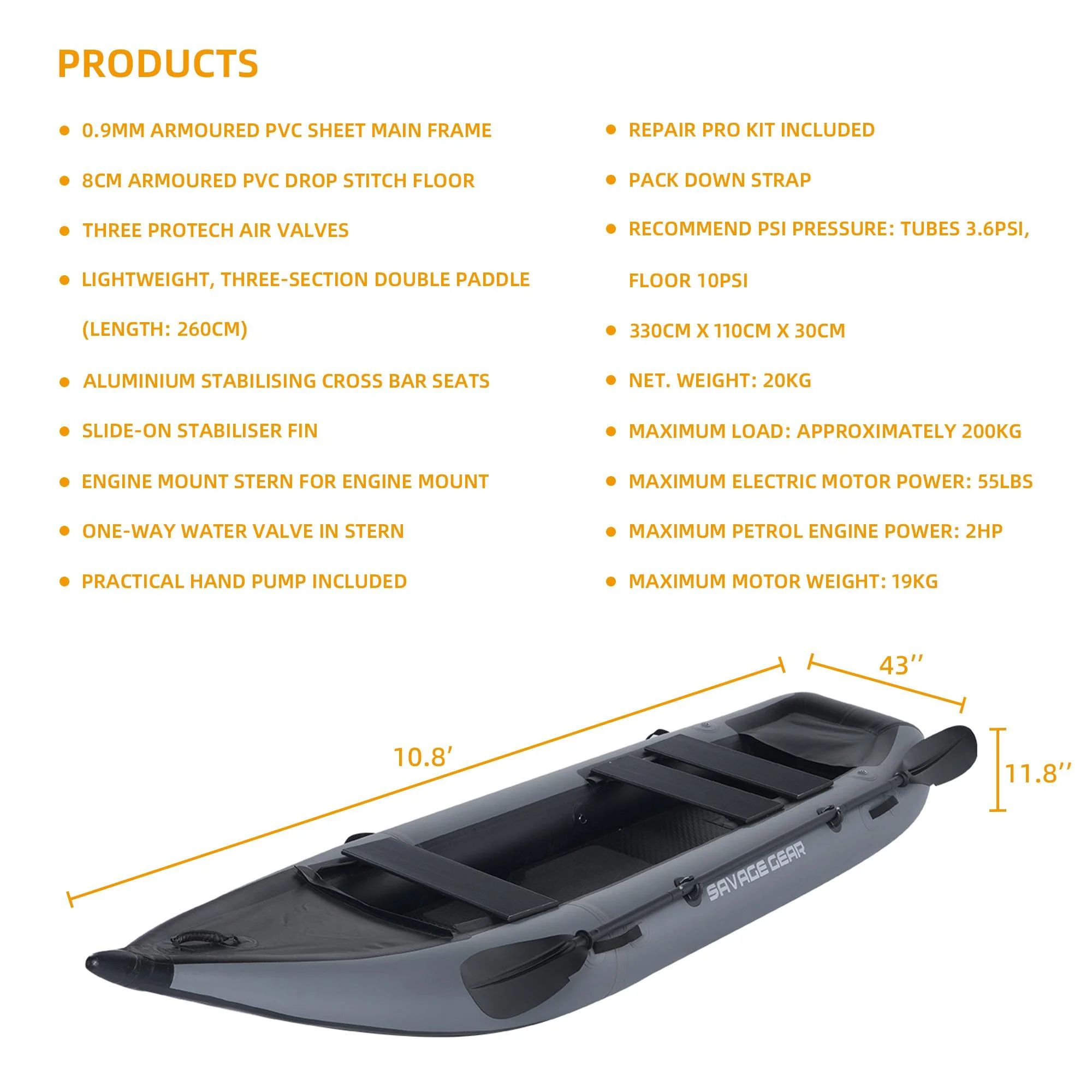 2 Person Inflatable Kayak, Fishing PVC Kayak Boat, Inflatable Boat Rescue Rubber Rowing Boat with Pump, Aluminum Alloy Seat, Paddle, Inflatable Mat, Repair Kit, Fin 440lb Weight Capacity
