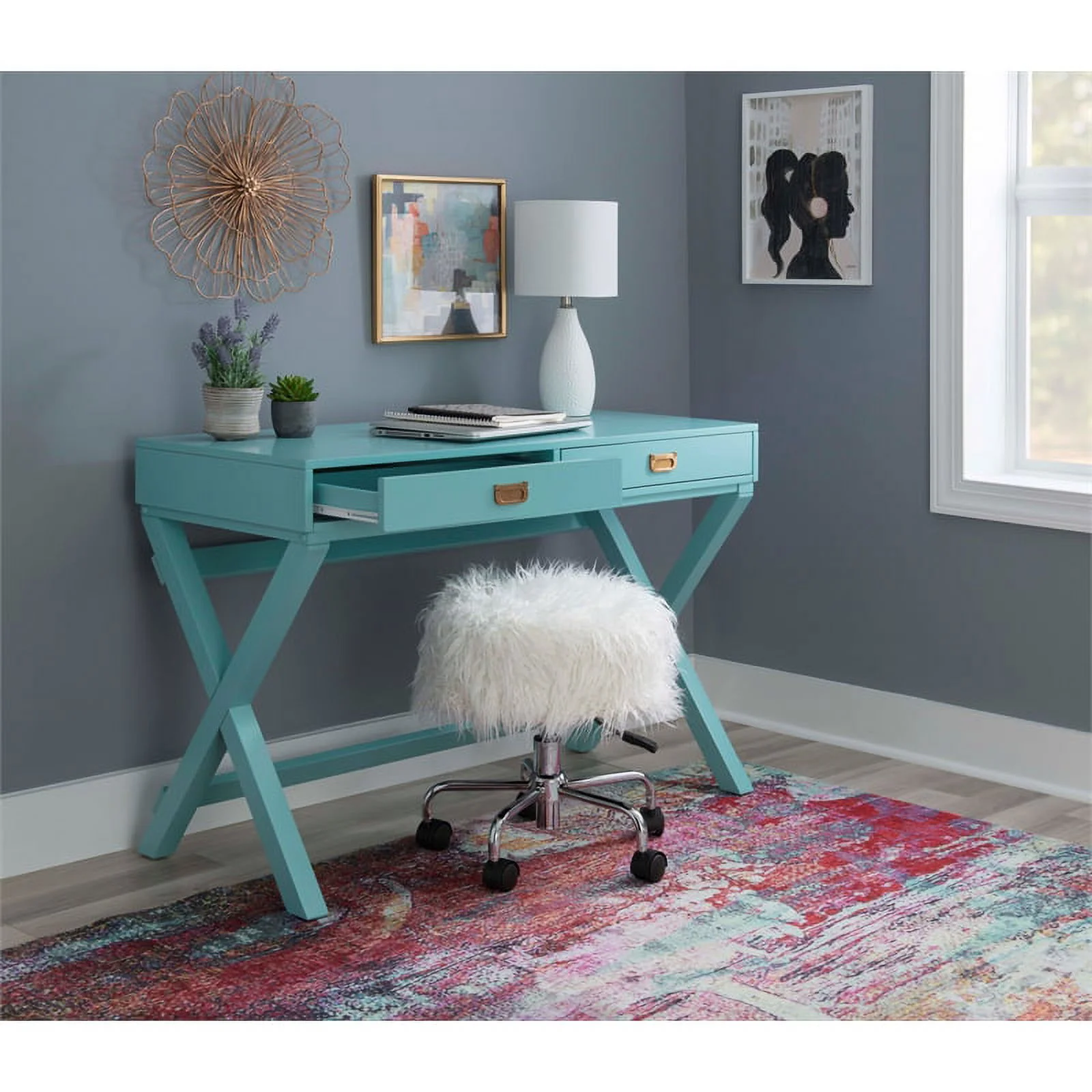 Linon Peggy Wood Two Drawer Writing Desk in Blue