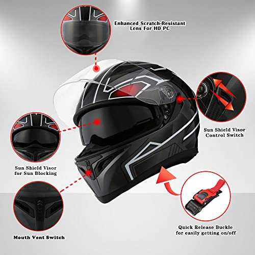 1Storm Motorcycle Full Face Dual Visor Helmet Bundle with Spoiler and Motorcycle Bluetooth Headset: HJK316 Matt Black