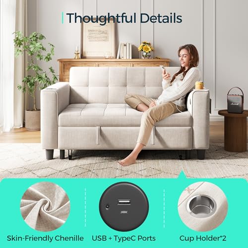 LINSY 3-in-1 Convertible Sofa Bed, 54" Pull Out Sleeper Sofa with Charging Station & Cup Holder, Small Folding Loveseat with Side Pocket for Small Space, Corduroy Couch, Green