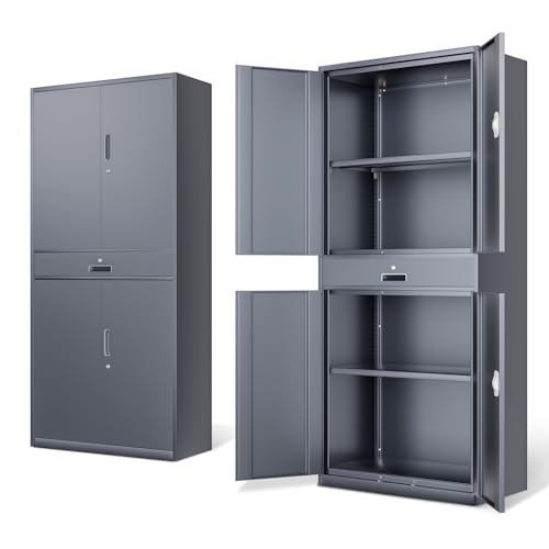 DNA MOTORING 71'' Metal Storage Cabinet, Locking Tool Cabinet with 1 Drawer and Adjustable Shelves, Lockable Heavy Duty Metal Locker for Garage,Office,Home,Gym, Gray, TOOLS-00629-GY-GY-A