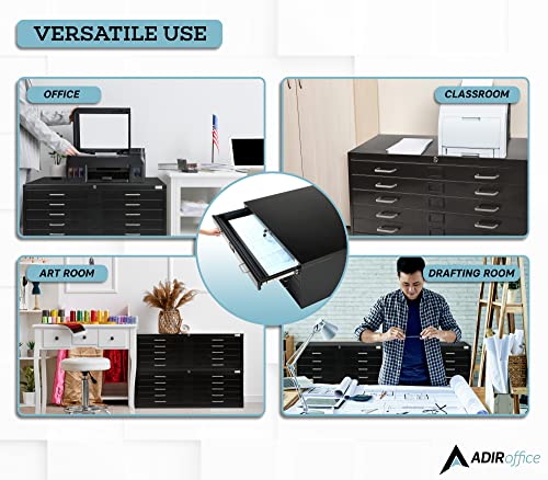 AdirOffice Flat File Cabinet - Heavy Duty 5-Drawer Blueprint Sheets Storage, 41" x 53" Great for Documents Sized 36” x 48”, Ideal for Artists, Art Files, Engineers, Architects, Offices - Black