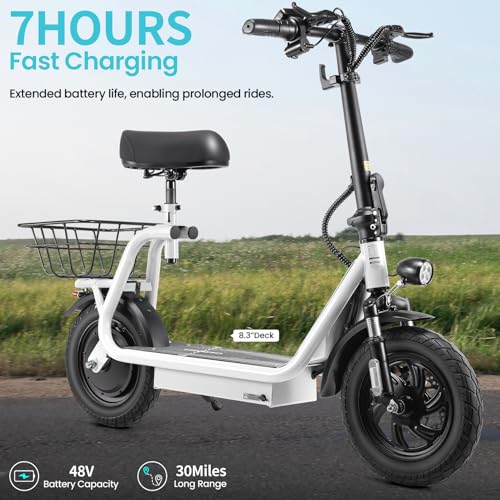 Caroma Peak 800W/1200W Electric Scooter Adults, 30 Miles Max Range, Foldable Electric Scooter with Seat, Front Suspension, Detachable Large Basket,Commuter E-Scooter for Adult and Teens