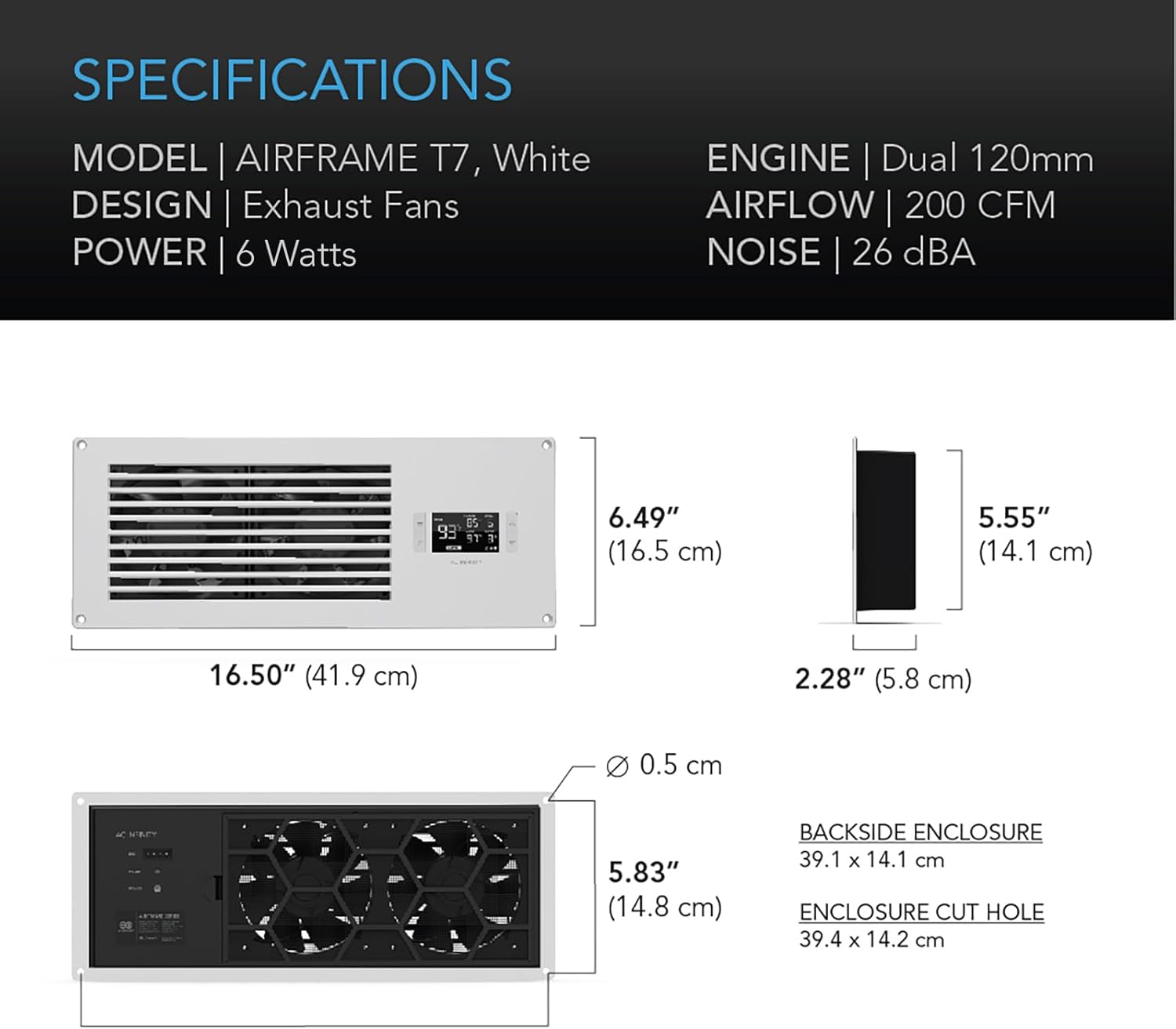 AC Infinity AIRFRAME T7 White, High-Airflow Cooling Fan System 17", Exhaust Airflow, for AV Equipment Rooms, Closets, and Enclosures