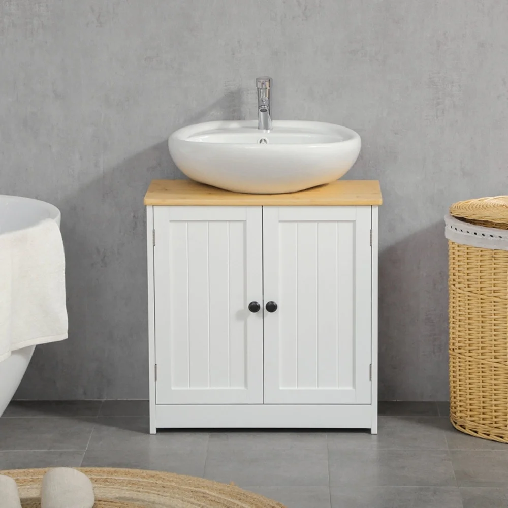 Pedestal Sink Storage Cabinet, Under Sink Cabinet with Double Doors,  Crystal White, Dark Walnut-AS