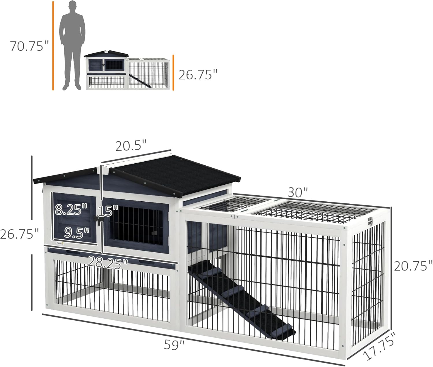 2 Levels Outdoor Rabbit Hutch with Openable Top, 59" Wooden Large Rabbit Cage with Run Weatherproof Roof, Removable Tray, Ramp, Dark Gray