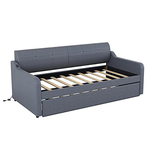 Harper & Bright Designs Twin Size Day Bed with Pop up Trundle Upholstered Day Beds with USB Charging, Wood Twin Bed Frame for Kids, Teens and Adults Trundle can be Flat or erected (Grey)