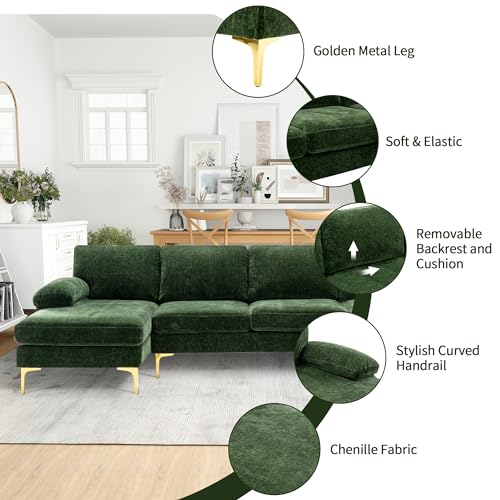 Modern U-Shaped Sectional Couch for Living Room - 110 in Chenille 4 Seater with Double Chaises and Golden Metal Legs - Ideal for Home, Office, Bedroom, Apartment, Green