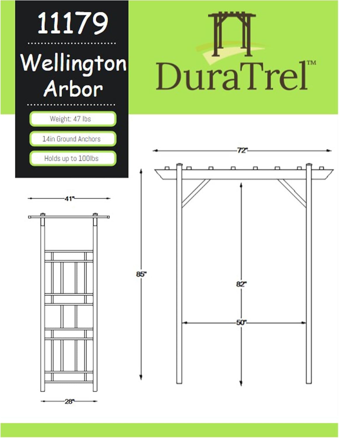 Dura-Trel Wellington Arbor, 72 by 85 Inch PVC Patio Garden Arch, Outdoor Backdrop Frame Decoration or Trellis for Climbing Plants, White