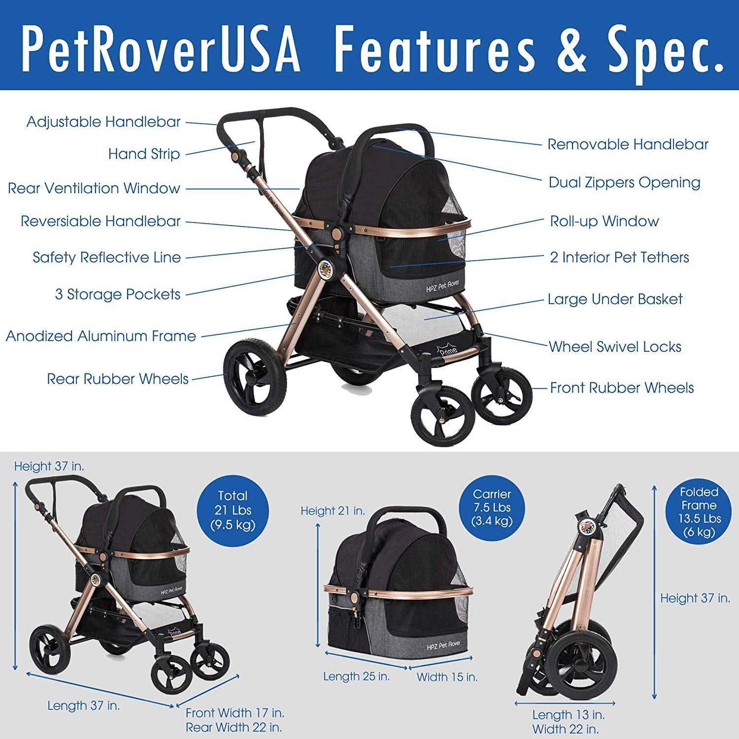 HPZ Pet Rover Prime 3-in-1 Luxury Stroller - Pet Supplies online store