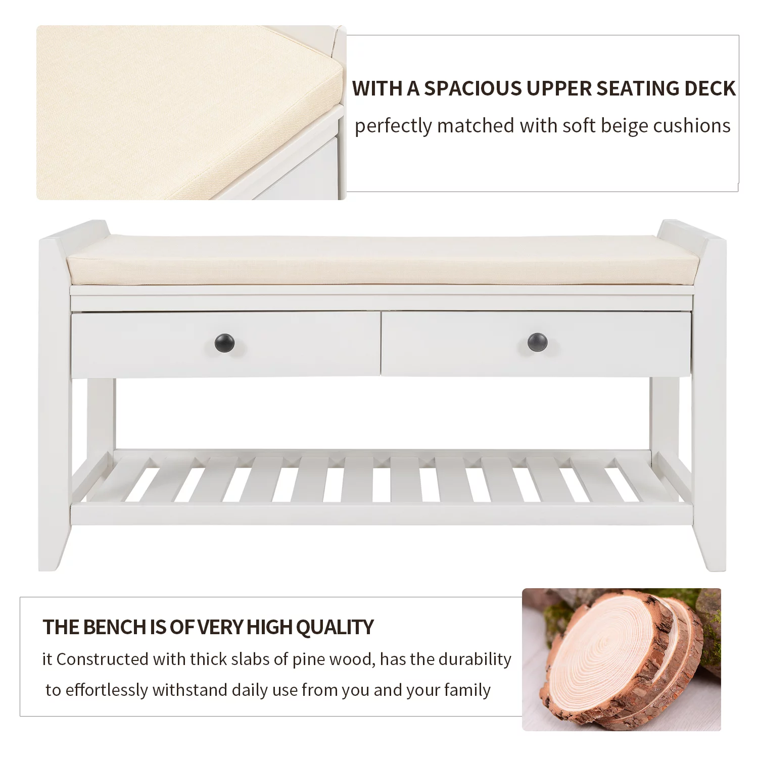 Shoe Rack with Cushioned Seat and Drawers, Multipurpose Entryway Storage Bench,White