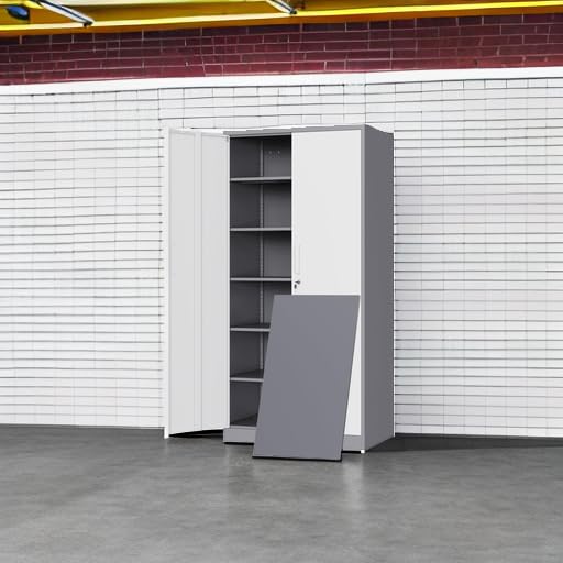 Yizosh Metal Garage Storage Cabinet with 2 Doors and 5 Adjustable Shelves - 71" Steel Lockable File Cabinet,Locking Tool Cabinets for Office,Home,Garage,Gym,School (Gray White)