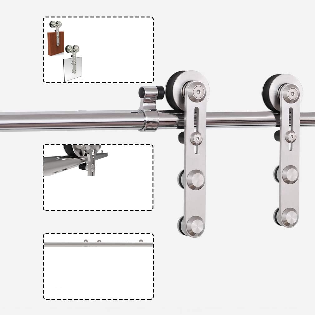 14FT Stainless Steel Sliding Double Barn Door Hardware Track Kit Heavy Duty Simple Install(Round Shape Hanger)
