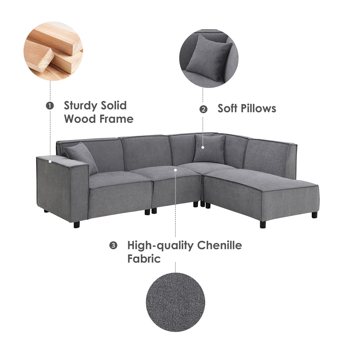 SENTERN 97*74" Modern Minimalist Style Sectional Sofa,L-shaped Couch Set with 2 Free pillows,5-seat Chenille Fabric Couch with Chaise Lounge for Living Room