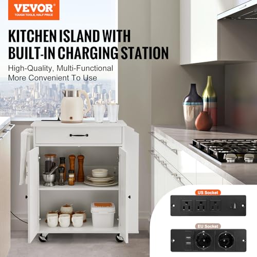 VEVOR Kitchen Island Cart with Solid Wood Top, 35.4" Width Mobile Carts with Storage Cabinet, Rolling Kitchen Table with Spice Rack, Towel Rack, and Drawer, Portable Islands on Wheels, White