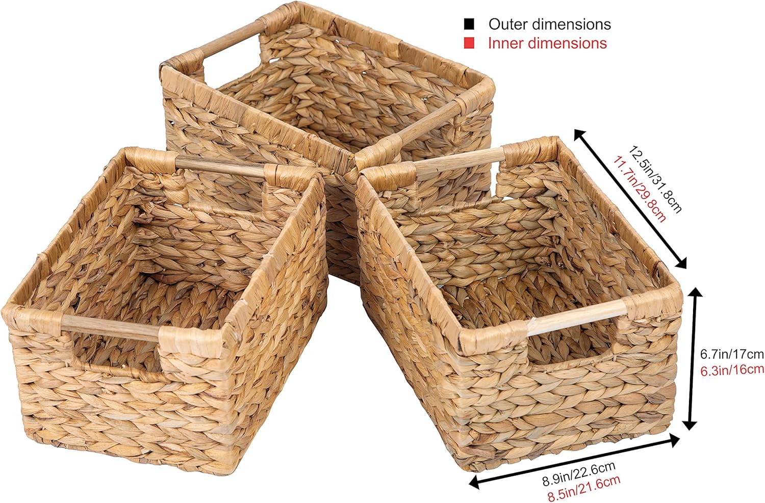 VATIMA Large Wicker Basket Rectangular with Wooden Handles for Shelves, Water Hyacinth Basket Storage, Natural Baskets for Organizing, Wicker Baskets for Storage 14.5 x 10.3 x 7.2 inches