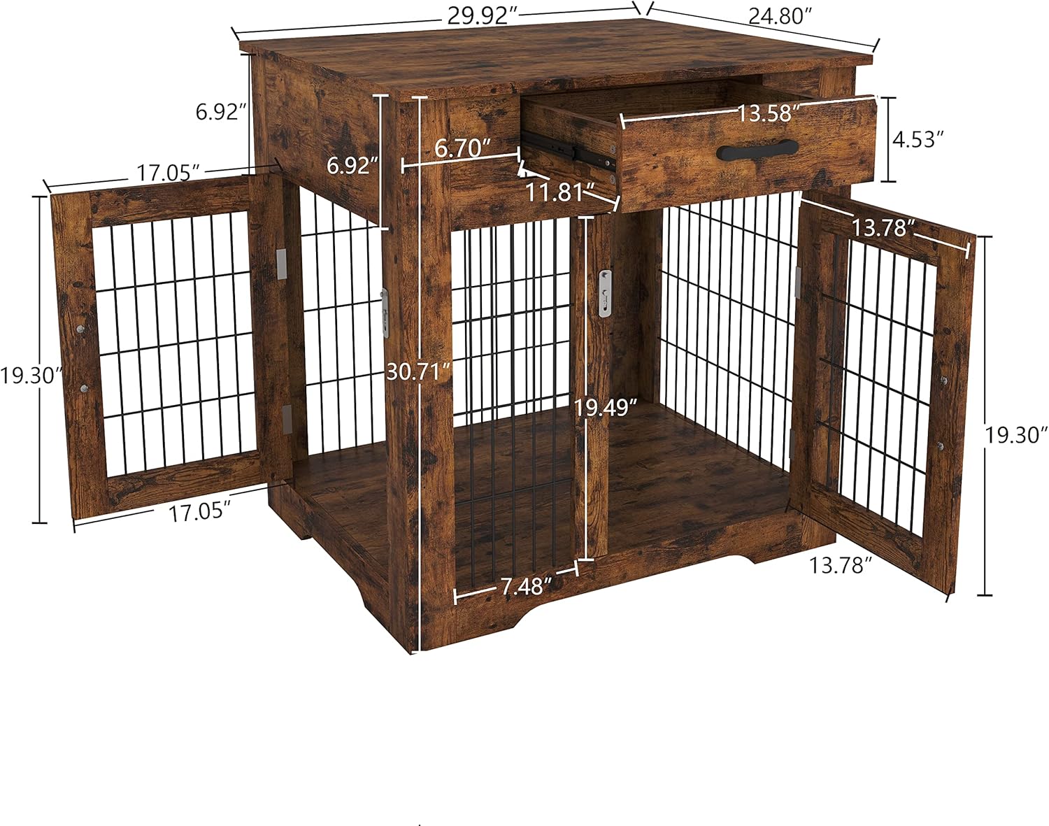 Furniture Style Dog Crate End Table with Drawer, Pet Kennels with Double Doors, Dog House Indoor Use. Rustic Brown, 29.92in W x 24.8in D x 30.71in H.
