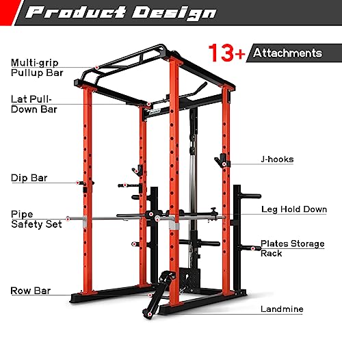 RitFit Power Cage with Optional LAT PullDown/Cable Crossover/Smith Machine System, 1000LB Squat Rack for Home & Garage Gym, with Weight Storage Rack and More Training Attachments, ASTM-Certified