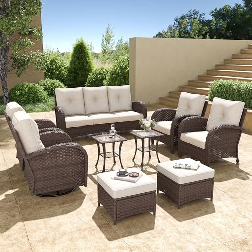 5 Pieces Wicker Patio Furniture Set, Luxury Outdoor Conversation Set with High Back Swivel Rocker Chairs