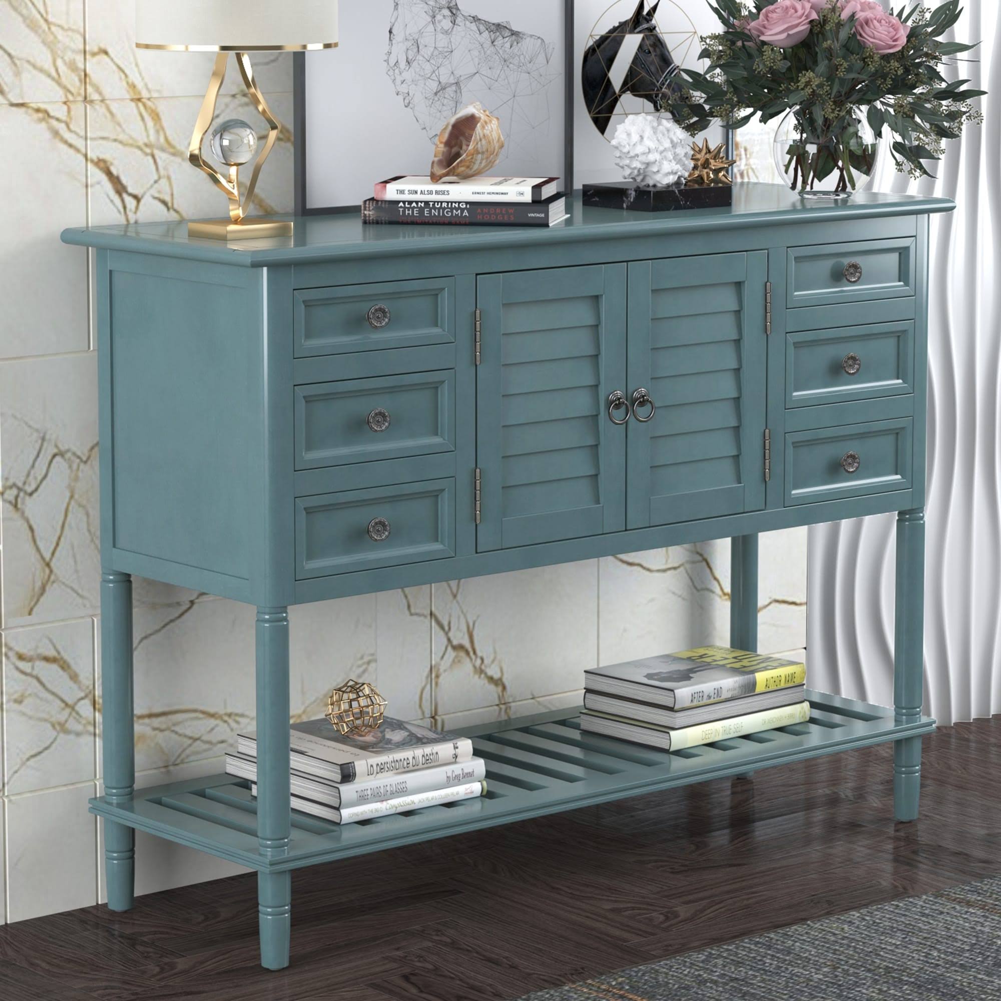 Nestfair Modern Console Table Sofa Table with 6 Drawers and Cabinet - Green