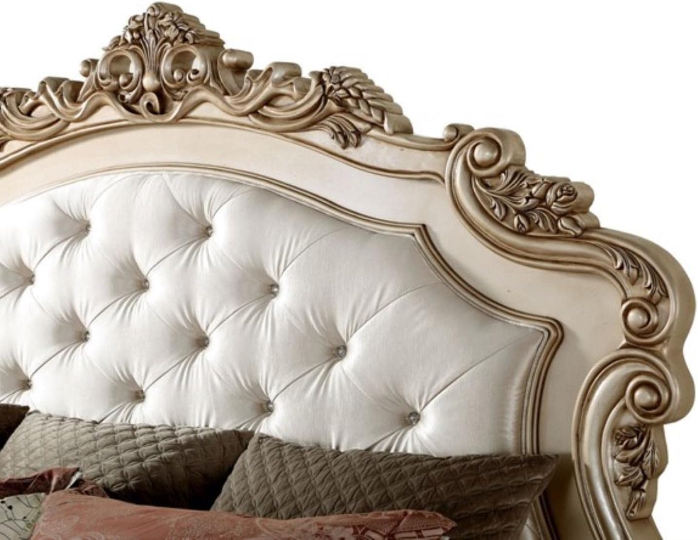 Acme Gorsedd Tufted Eastern King Panel Bed in Cream Fabric and Golden Ivory