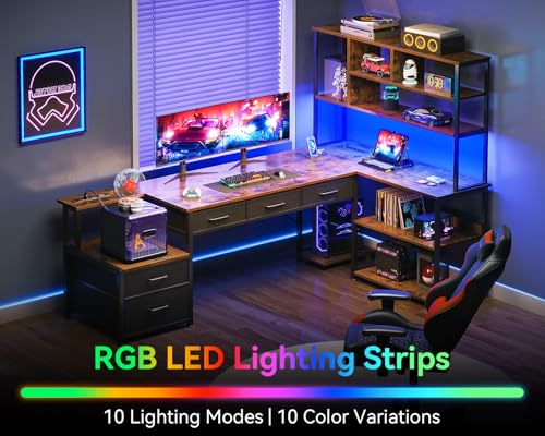 AODK 71 inch L Shaped Desk with File Drawers, Reversible L Shaped Gaming Desk with Power Outlets & LED Lights, Computer Desk with Storage Shelves for Home Office, Black