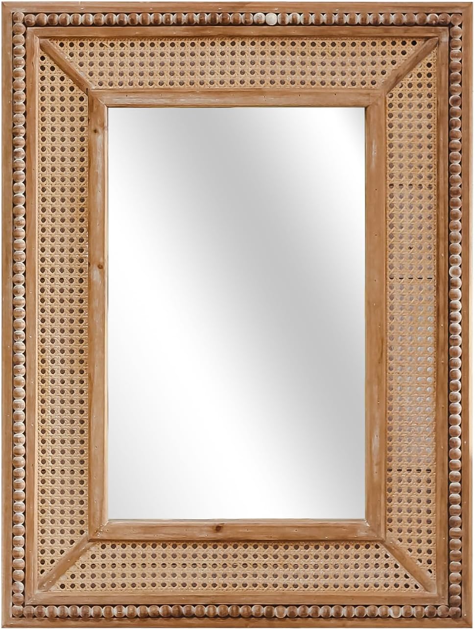 Boho Rattan Wall Mirror Wooden Framed Rectangle Mirror Wood Decorative Farmhouse Hanging Mirror for Bathroom Vanity Entryway Living Room Home Wall Decor - 24.21" x 1.18" x 32.28"