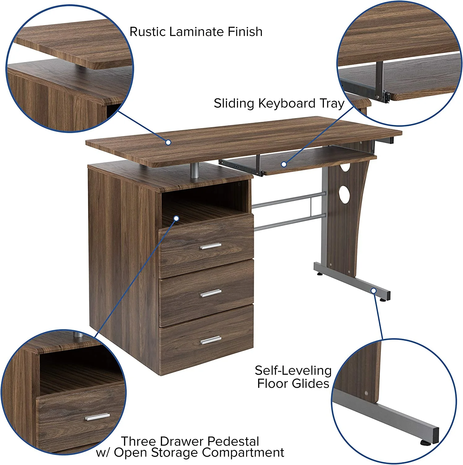 Rustic Walnut Desk With Three Drawer Single Pedestal And Pull-Out Keyboard Tray