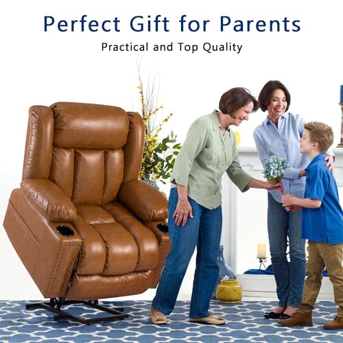 Large Power Lift Chairs Recliners for Elderly with Heated and Massage, Overstuffed Adjustable Lift Chairs, 3 Positions, Breathable Leather, USB-A and USB-C, Cup Holder, Side Pocket Dark Brown