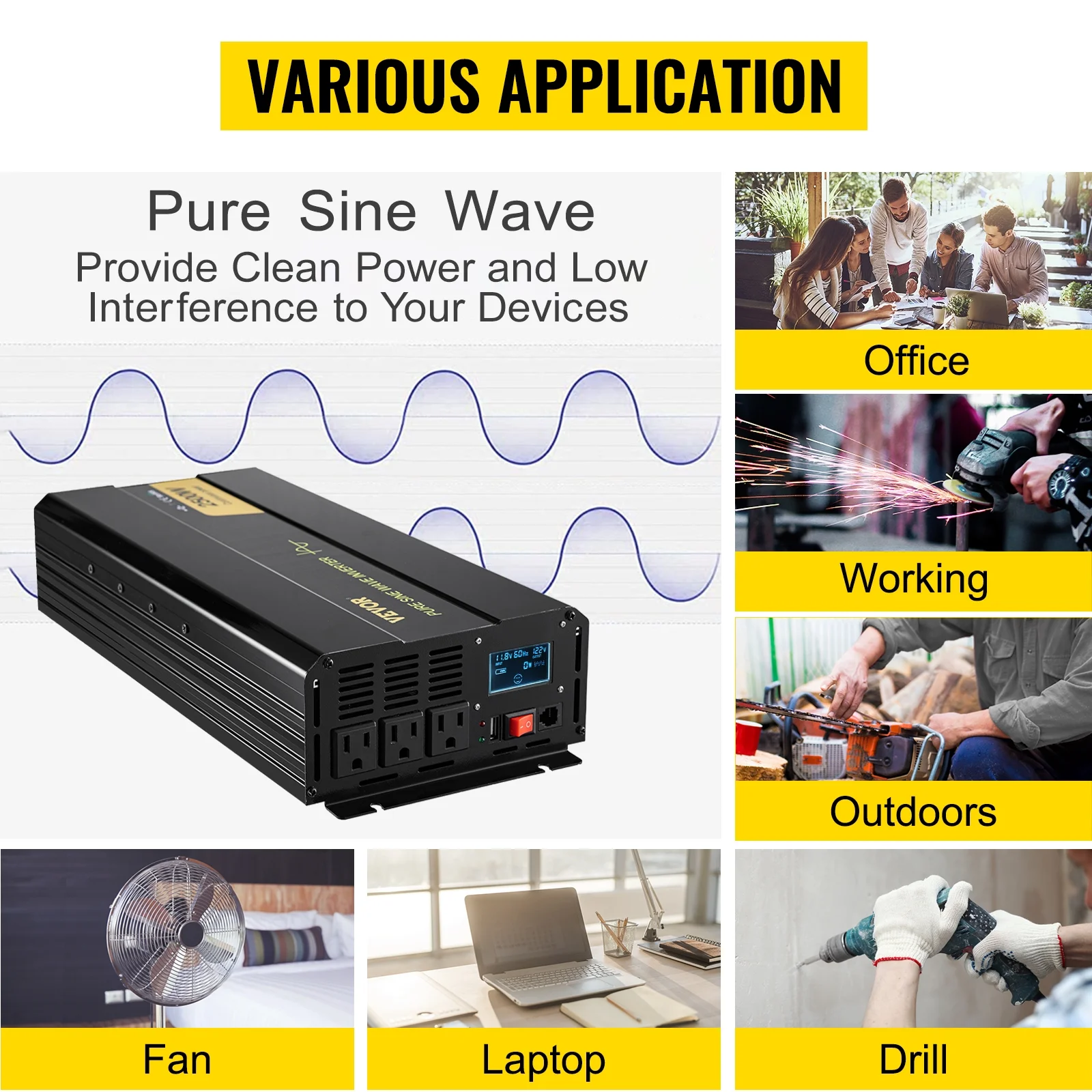 VEVOR 2500 W 5000W Pure Sine Wave Inverter, DC 12V to AC 120V Car Inverter with USB Port, LCD Display, and Remote Controller Power Converter