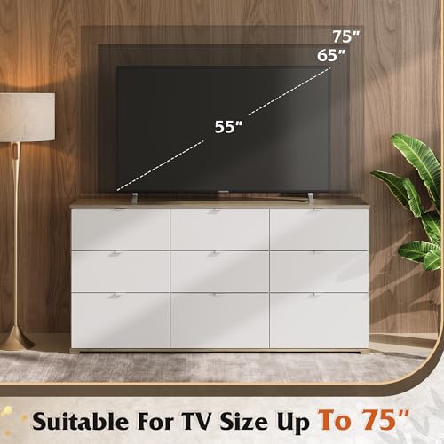 WLIVE 9 Drawer Dressers, Modern Large Wood Dresser Chest for Bedroom Organize with Sturdy Metal Handle, TV Stand for 75 inch TV, Living Room Office, Hallway, Ball Bearing Slide, Grey Oak (63" W)