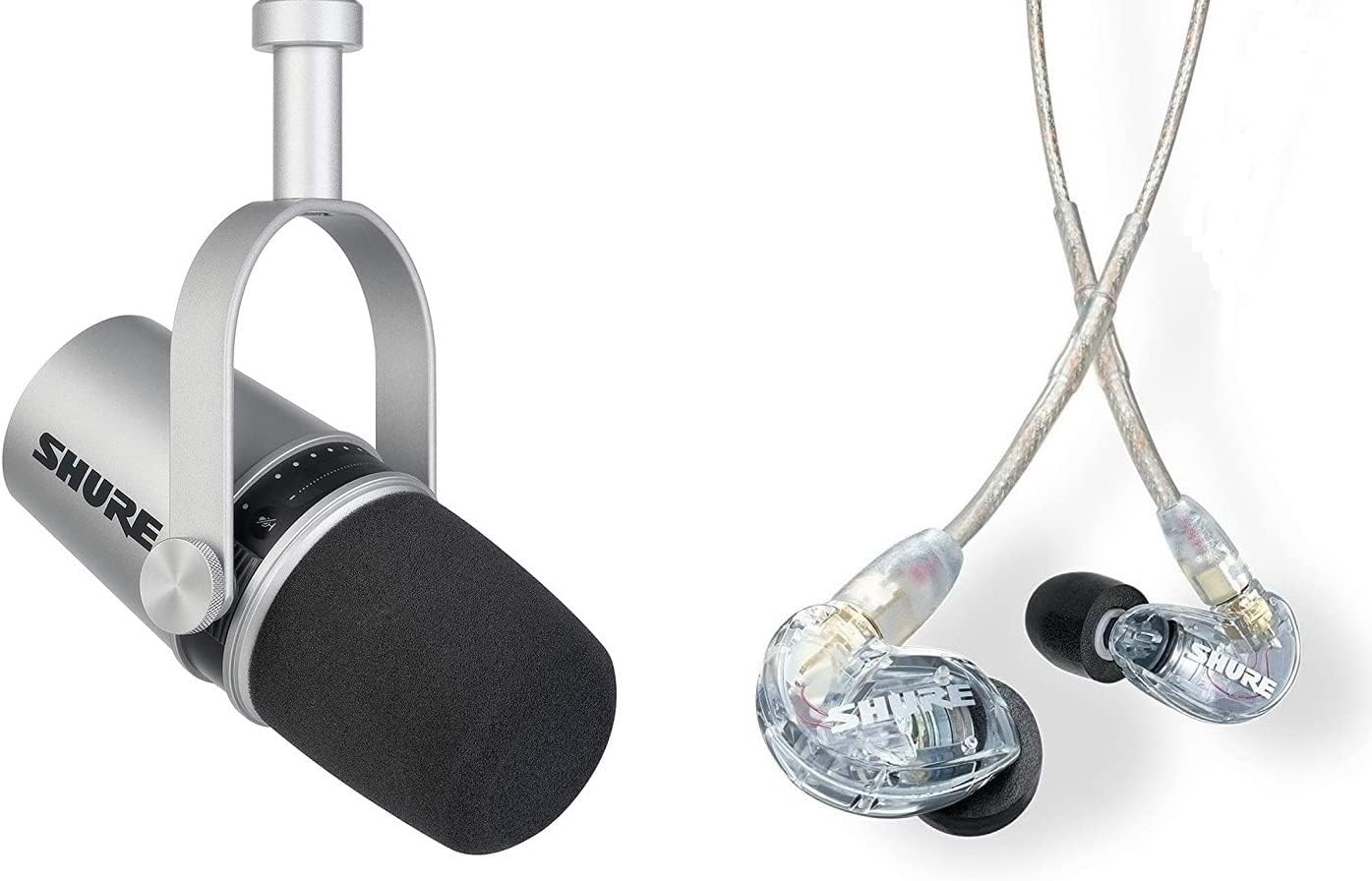 Shure MV7 USB/XLR Dynamic Microphone + SE215 Professional in-Ear Headphones for Podcasting, Recording, Streaming & Gaming, Built-in Headphone Output, Voice-Isolating Technology - Black/Clear