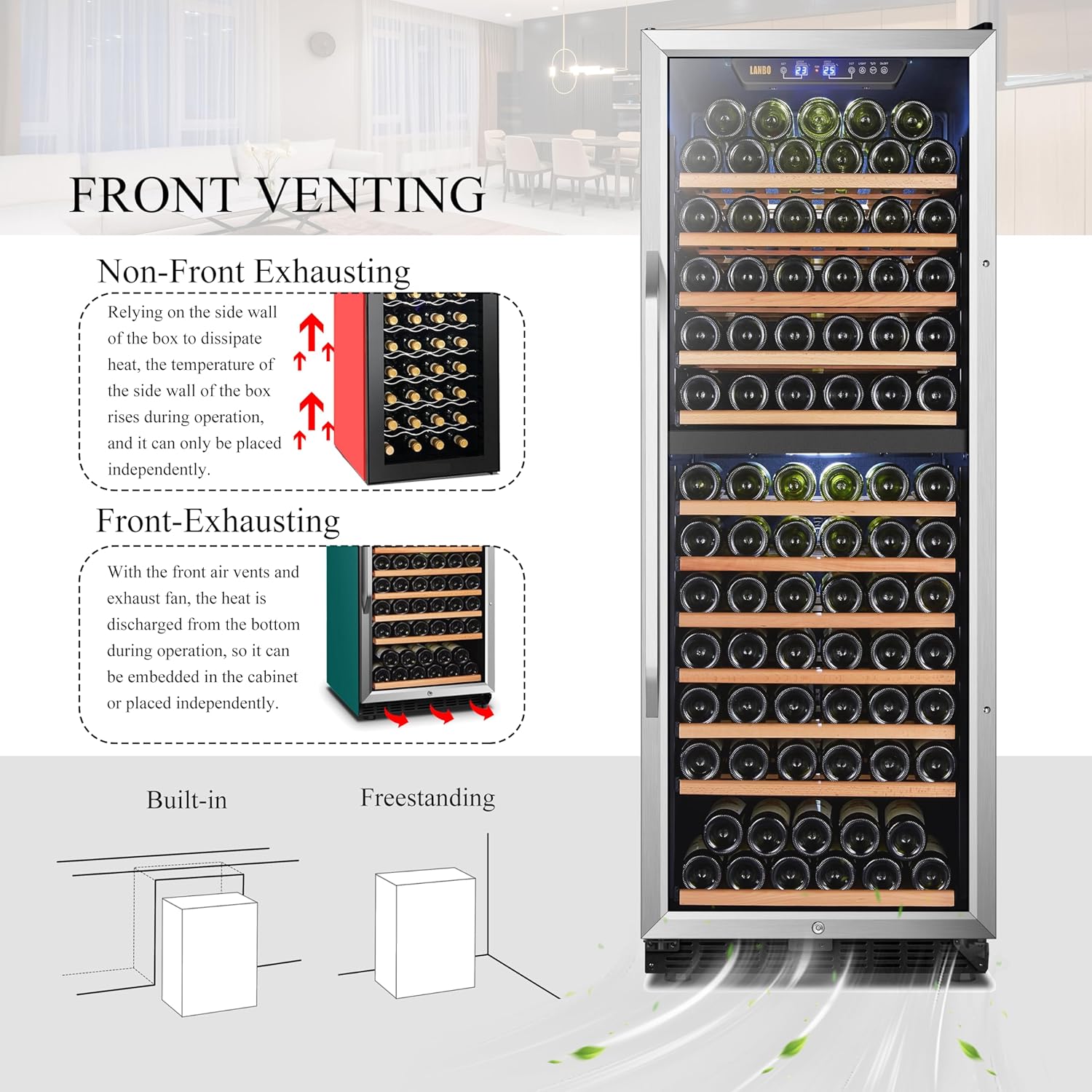 Lanbo Wine Cooler Refrigerator, 24 Inch 141 Bottle Dual Zone Wine Cellar with Safety Lock and Wood Shelves