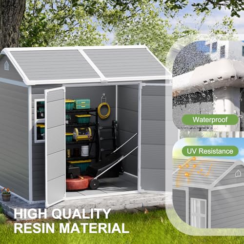 8x6x7 FT Resin Storage Shed, Waterproof Outdoor Storage Shed w/Floor, 2 Windows, Double Lockable Doors & Vents, Tool Shed for Patio Garden, Lawn, Backyard, Dove Grey