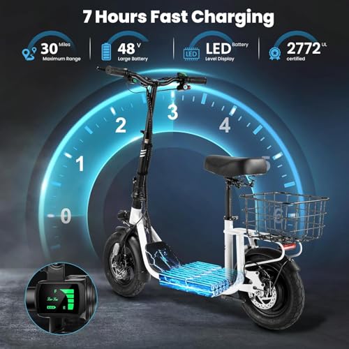 Caroma Peak 800W/1200W Electric Scooter Adults, 30 Miles Max Range, Foldable Electric Scooter with Seat, Front Suspension, Detachable Large Basket,Commuter E-Scooter for Adult and Teens