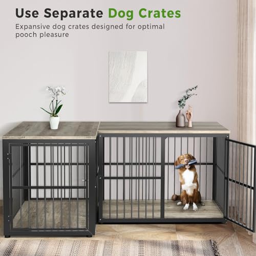 86.62''Dog Crate Furniture Large Breed TV Stand with Double Rooms,Wooden Dog Kennel Dog Crate End Table with Removable Divider for Large Medium Dogs, Can Use Separately, Brown