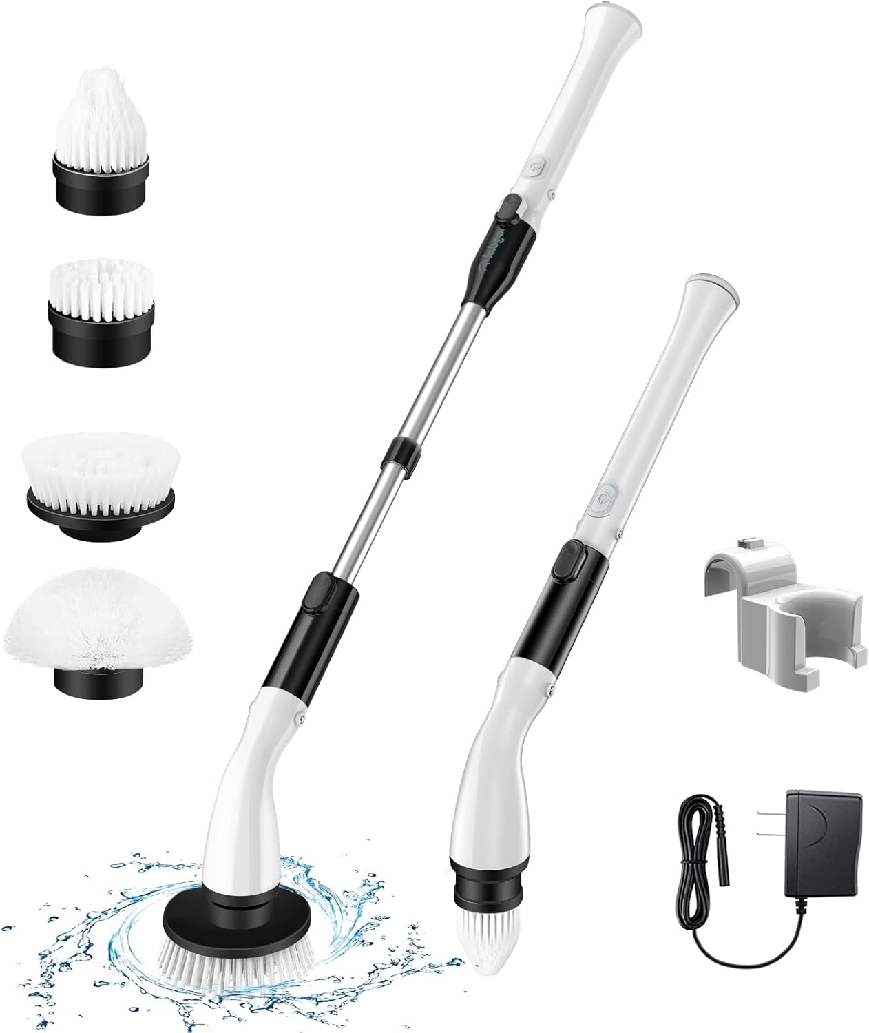 LABIGO Electric Spin Scrubber LA1 Pro, Cordless Spin Scrubber with 4 Replaceable Brush Heads and Adjustable Extension Handle, Power Cleaning Brush for Bathroom Floor Tile (White) Pack of 2