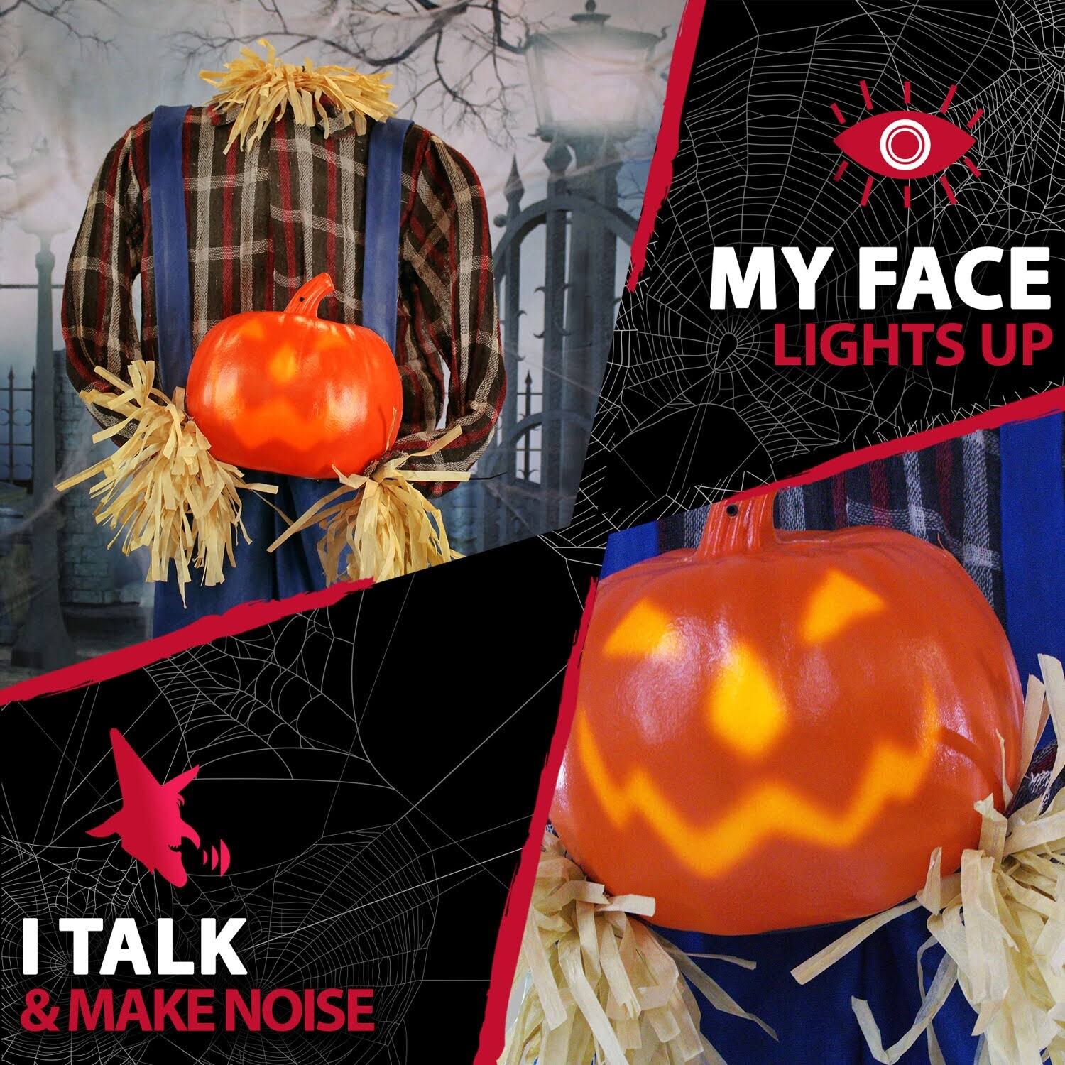 Haunted Hill Farm Life-Size Animatronic Scarecrow, Indoor/Outdoor Halloween Decoration, Light-Up Face Talking, Battery-Operated