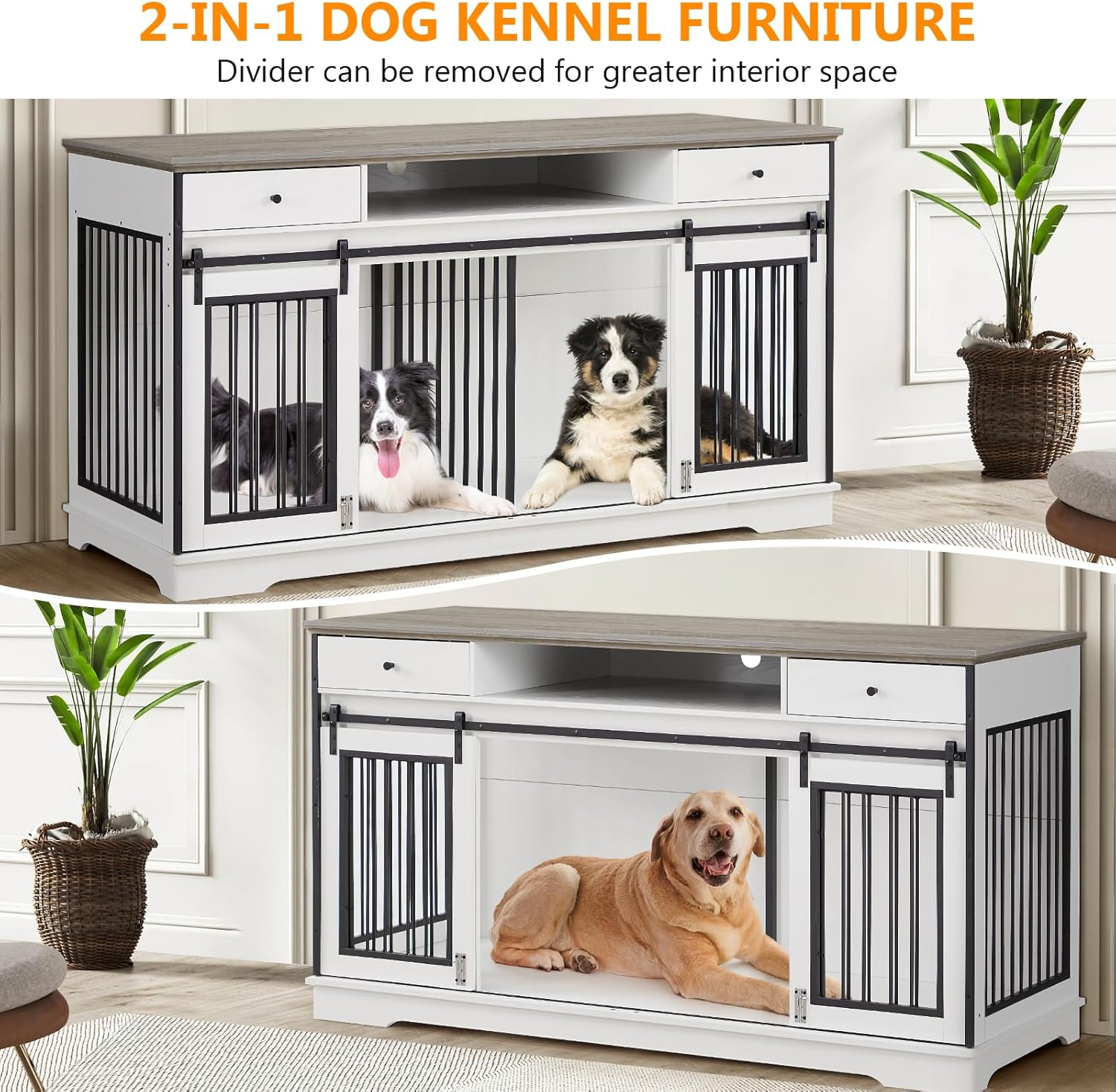 3-in-1 66.1 Inch Double Dog Crate Furniture for 2 Large Dogs, White Durable Double Dog Kennel TV Stand with Divider and 2 Drawers