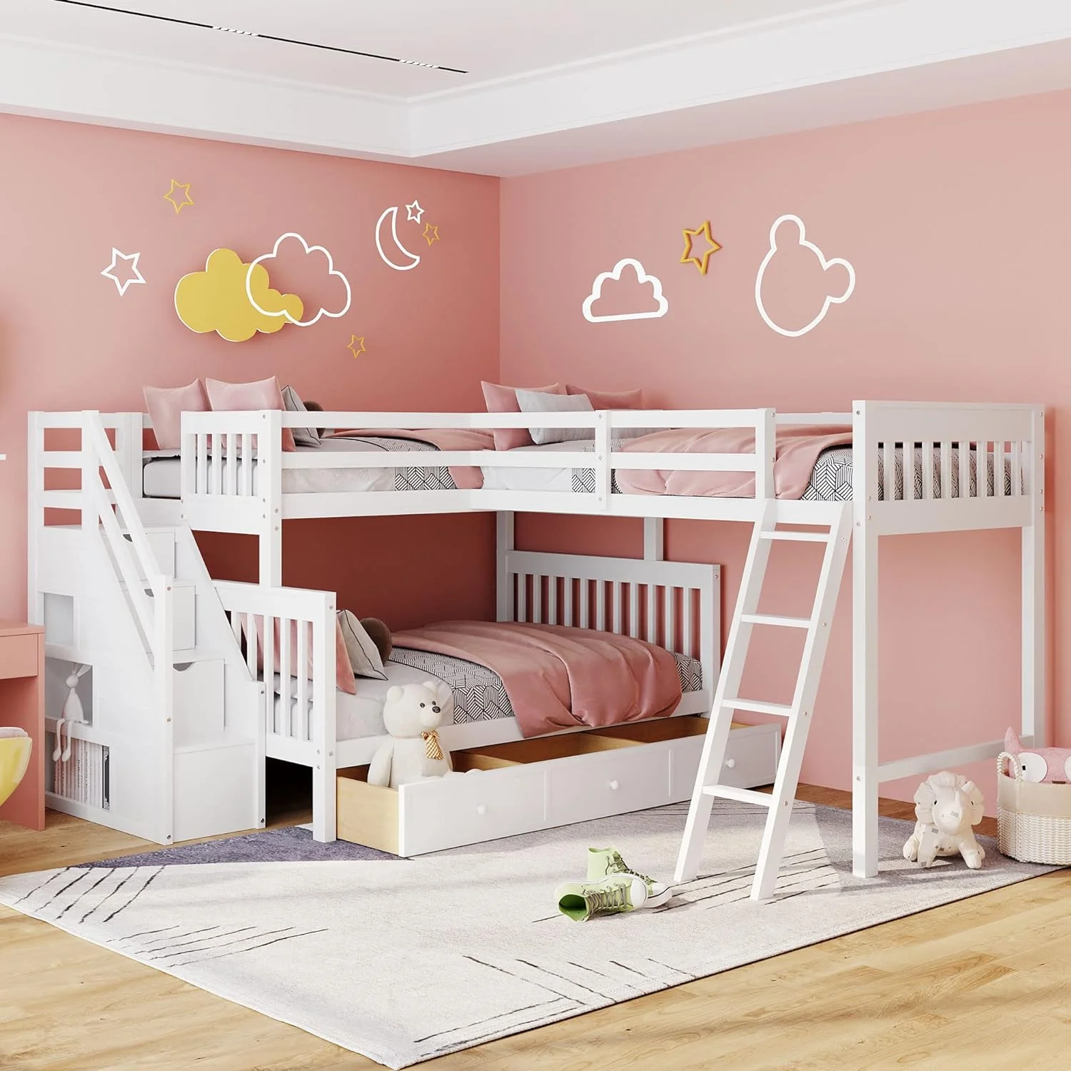 L Shaped Bunk Beds For 3, Triple Bunk Bed With Stairs And 3 Storage Drawers, Over Full Bunk Bed With Size Loft Bed Attached, Wooden Bunk Bed Frame For Kids Teens Adults (White)