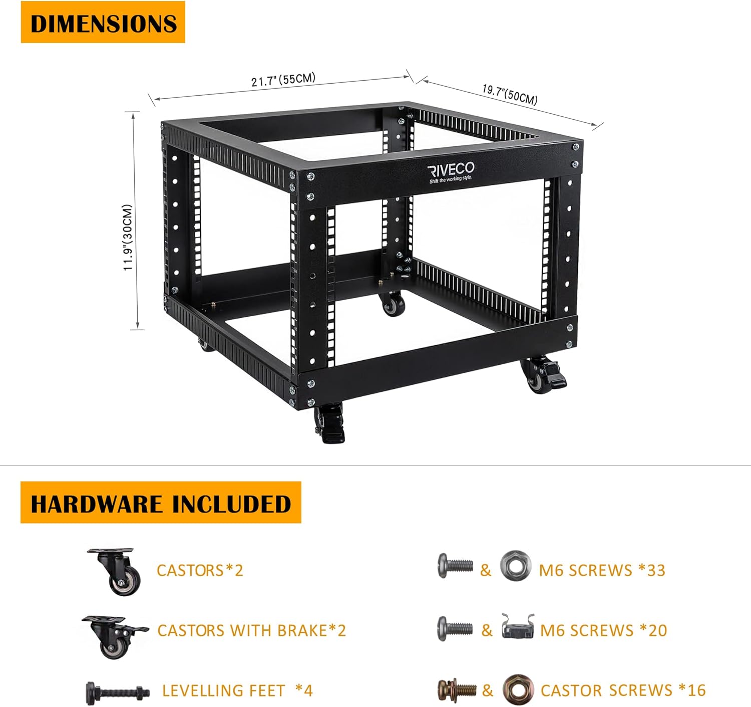 RIVECO 9U Open Frame Server Rack with Casters- Heavy Duty 4 Post Quick Assembly 19-inch, Stereo Rack Network Cabinet Black
