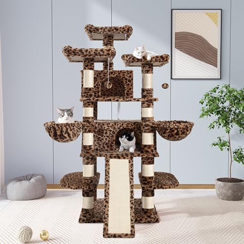 Allewie 68 Inches Cat Tree/House and Towers for Big Feline/Scratching Post/Multi-Level Large Kitty Climbing Tree with Condo/Smokey Grey