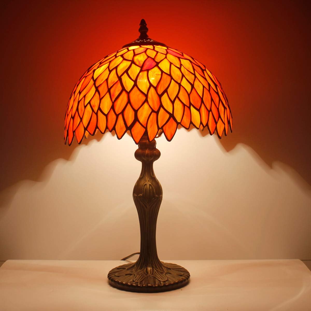 WERFACTORY Tiffany Lamp Stained Glass Table Lamp Red Wisteria Style Desk Bedside Reading Light 12X12X18 Inches Deco Bedroom Living Room Home Office S523R Series (A)