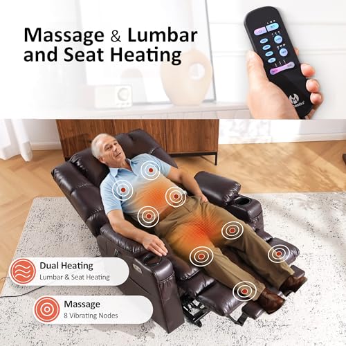 MCombo Large Triple Motor Power Lift Recliner Chair with Massage and Dual Heating, Adjustable Headrest for Tall Elderly People, Faux Leather 7634 (Dark Brown, Large)