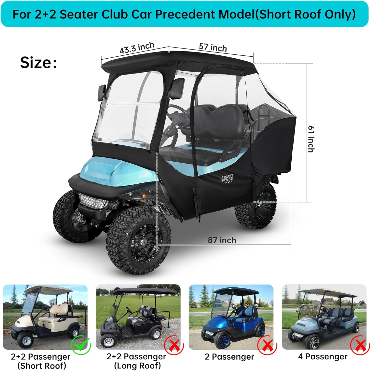 10L0L 4 Passenger Golf Cart Driving Enclosure for Club Car Precedent with Short Roof Up to 57", 4-Sided Clear Window 420D Rain Cover All Weather Windproof Waterproof