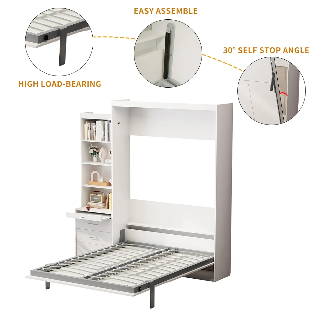 Full Size Vertical Murphy Bed with Shelf and Drawers for Bedroom or Guest room White Wall Bed Space Saving Hidden Bed Gas Struts (White)