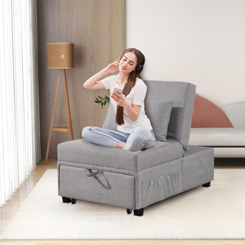 Sofa Bed Chair, 4 in 1 Convertible Sleeper Chair Bed Ottoman, Linen Fabric Pull Out Sofa Bed with Adjustable Backrest & Pillow, Single Recliner Chair for Small Space, Living Room