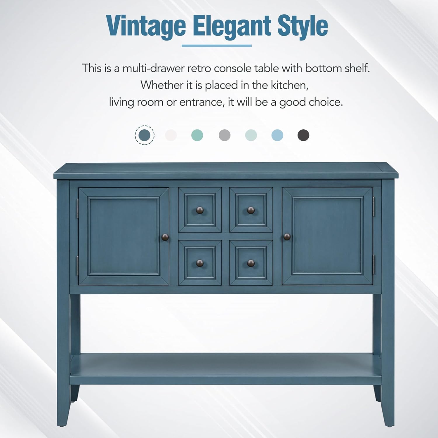 Vintage Console Table with 4 Drawers, 2 Cabinets and Open Bottom Shelf, Solid Wood Buffet Sideboard w/Storage, for Living Room Apartment Hallway Entryway, Light Navy, 46 Inch